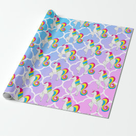 Niedlicher Unicorn blaues und rosa Quatrefoil Geschenkpapier