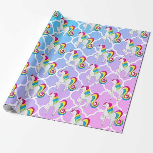 Niedlicher Unicorn blaues und rosa Quatrefoil Geschenkpapier (Ungerollt)
