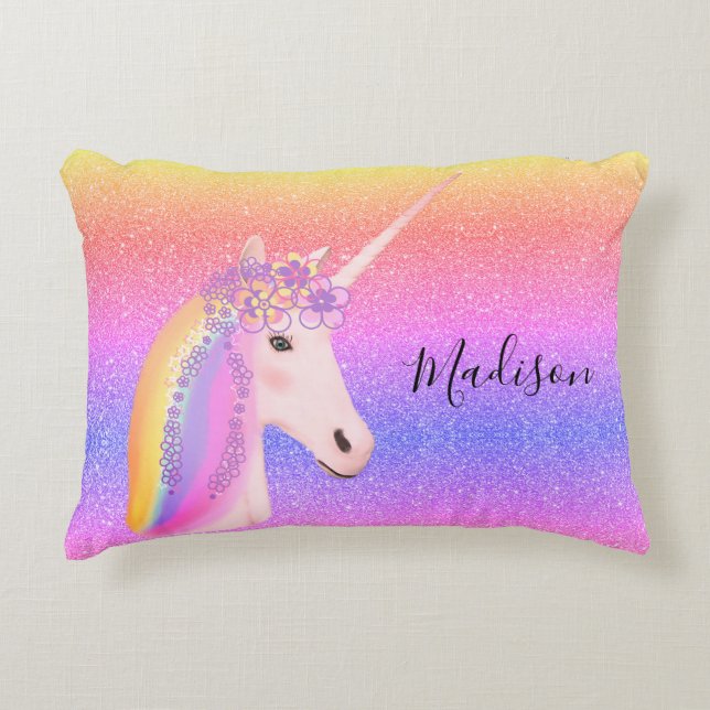 Niedlicher Unicorn Regenbogen Glitzer Sparkasse Pe Dekokissen (Vorderseite)