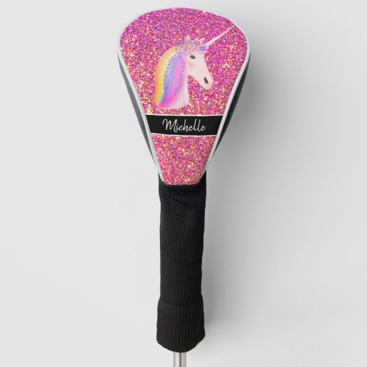 Niedlicher Unicorn Rosa Gold Glitzer Personalisier Golf Headcover (Vorderseite)