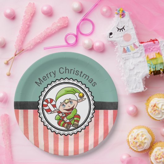 Niedlicher Urlaub Elf mit Candy Cane Frohe Weihnac Pappteller (Party)