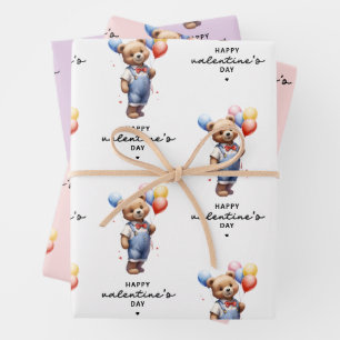 Niedlicher Valentinstag Aquarellbär mit Balloons Geschenkpapier Set
