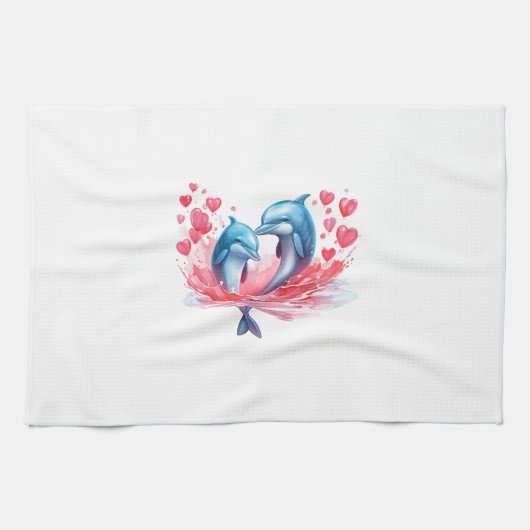 Niedlicher Valentinstag Dolphin Couple Geschirrtuch (Horizontal)