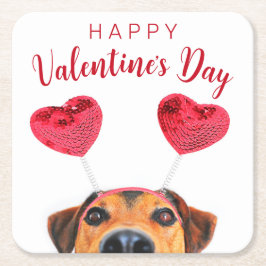 Niedlicher Valentinstag Hund Funny Heart Headband Rechteckiger Pappuntersetzer