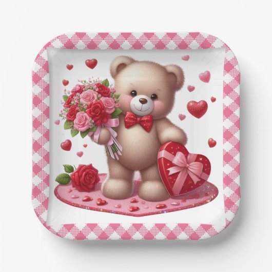 Niedlicher Valentinstag Teddybär Pappteller (Vorderseite)