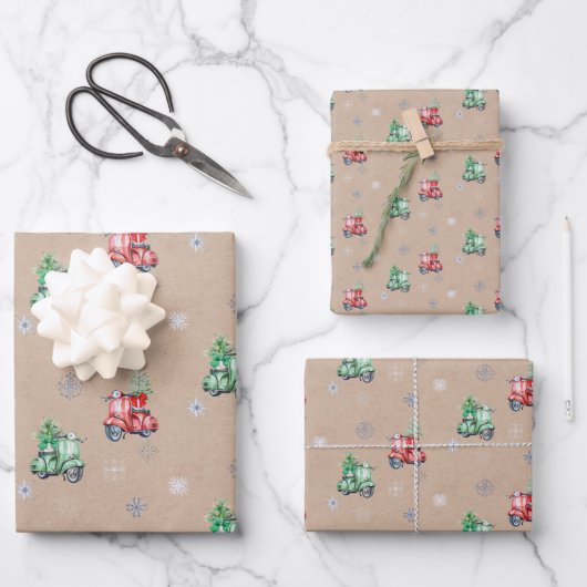 Niedlicher Vespa Weihnachtsbaum auf Kraft Geschenkpapier Set (Vorderseite)