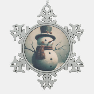 Niedlicher Vintage-Schneemann für ein verschneites Schneeflocken Zinn-Ornament
