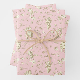Niedlicher Vintager Angel Beige Rosa Blumentoilett Geschenkpapier Set