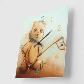 Niedlicher Vintager brauner Teddybär, Square Clock Quadratische Wanduhr (Winkel)