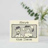 Niedlicher Vintager Cartoon Couple Save the Date Postkarte (Stehend Vorderseite)