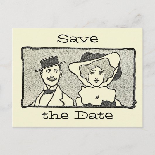 Niedlicher Vintager Cartoon Couple Save the Date Postkarte (Vorderseite)