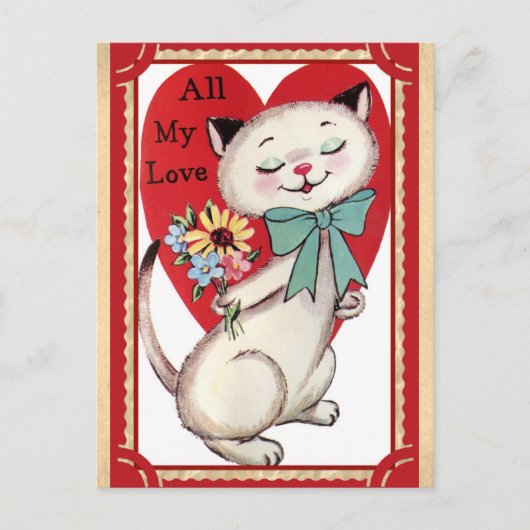 Niedlicher Vintager Cat Valentinstag Postkarte (Vorderseite)