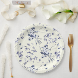 Niedlicher Vintager Cupid Angel Blue Floral Toile Pappteller