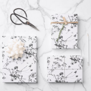 Niedlicher Vintager Cupid Angel Schwarz-weiße Blum Geschenkpapier Set