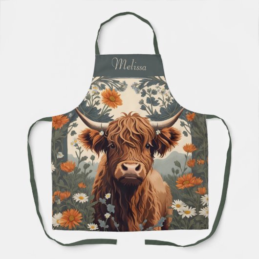 Niedlicher Vintager Highland Cow Personalisierter Schürze (Vorderseite)