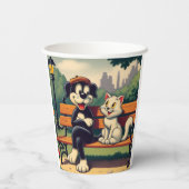 Niedlicher, Vintager Hund/Kater-Cartoon Pappbecher (Rückseite)