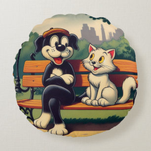 Niedlicher, Vintager Hund/Kater-Cartoon Rundes Kissen