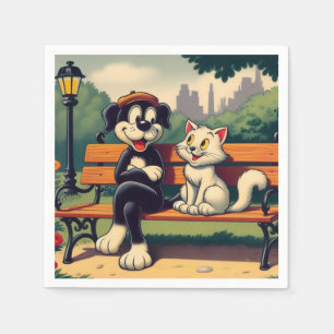 Niedlicher, Vintager Hund/Kater-Cartoon Serviette