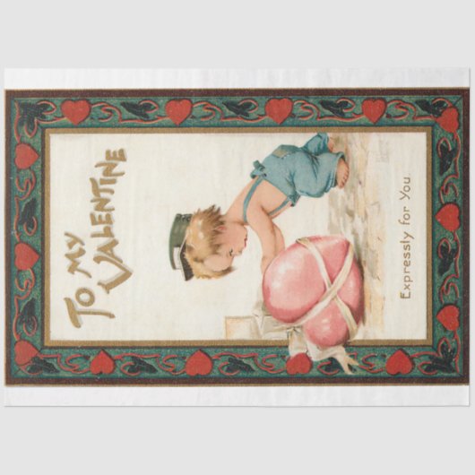 Niedlicher Vintager Junge mit Valentinherz Seidenpapier (Vorderseite)