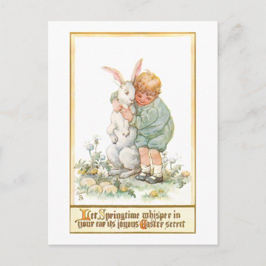 Niedlicher Vintager Junge umarmt Osterhase Postkarte (Vorderseite)