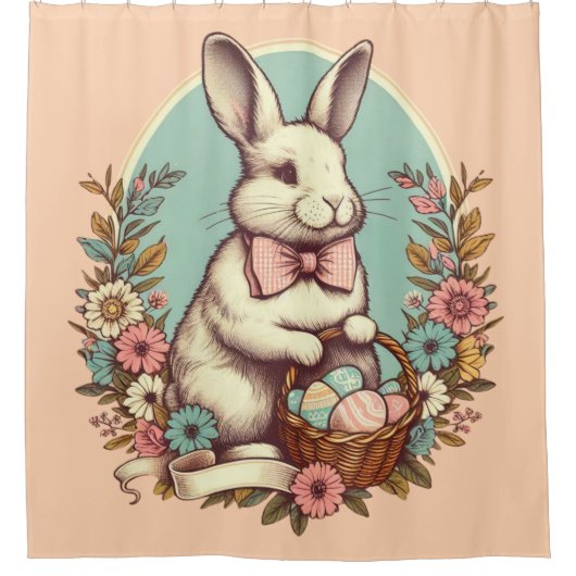Niedlicher, Vintager Osterhase/Ei/Korb Duschvorhang (Vorderseite)