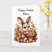 Niedlicher Vintager Osterhase, Korb und Eier Karte (Gelbe Blume)