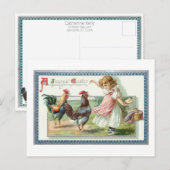 Niedlicher Vintager Osterhen, Rooster & Girl Postkarte (Vorne/Hinten)