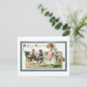 Niedlicher Vintager Osterhen, Rooster & Girl Postkarte (Stehend Vorderseite)