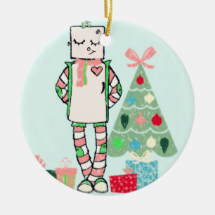 Niedlicher Vintager Pastellfeiertags-Roboter u. Keramik Ornament