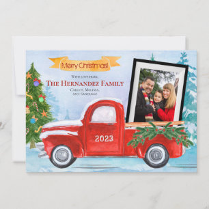 Niedlicher Vintager Red Truck Familie 2 Foto Weihn Feiertagskarte