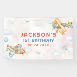 Niedlicher Vintager Retro-Gelbflugzeug 1. Geburtst Banner