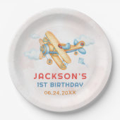 Niedlicher Vintager Retro-Gelbflugzeug 1. Geburtst Pappteller (Vorderseite)