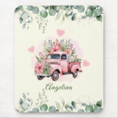 Niedlicher Vintager rosafarbener Blumenwalzenwagen Mousepad (Vorne)