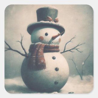 Niedlicher Vintager Schneemann für Snowys Weihnach Quadratischer Aufkleber