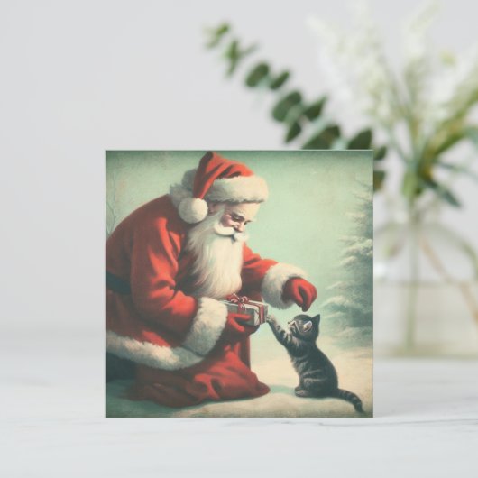 Niedlicher Vintager Weihnachtsmann mit Kitten Karte (Stehend Vorderseite)
