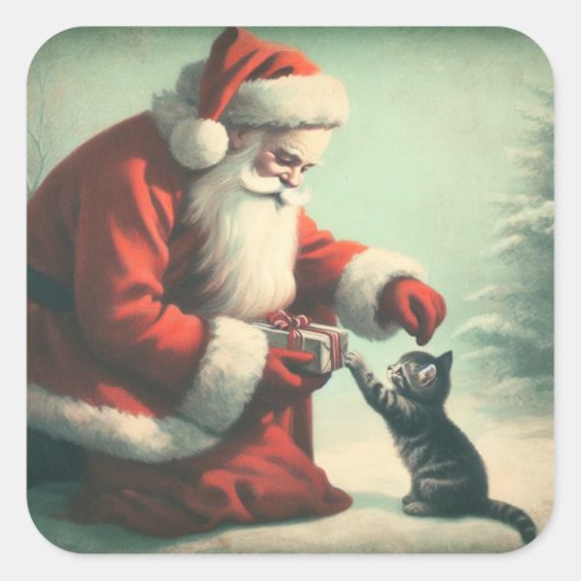 Niedlicher Vintager Weihnachtsmann mit Kitten Quadratischer Aufkleber (Vorderseite)