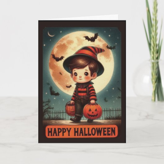 Niedlicher Vintager Zauberjunge Halloween Feiertagskarte (Vorderseite)