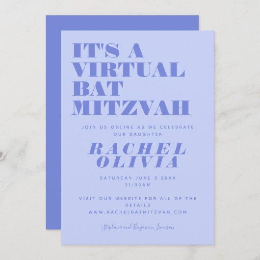 Niedlicher virtueller Online-Lavendel Bat Mitzvah Einladung (Vorne/Hinten)