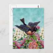 niedlicher Vogel mit blauen Augen über Blume Postkarte (Vorne/Hinten)