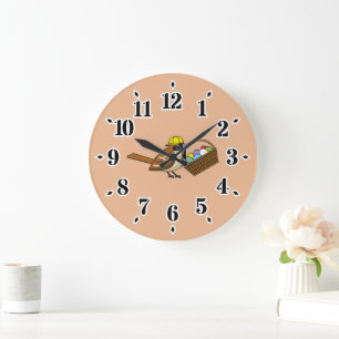 Niedlicher Vogel mit bunten Eierkörben Große Wanduhr