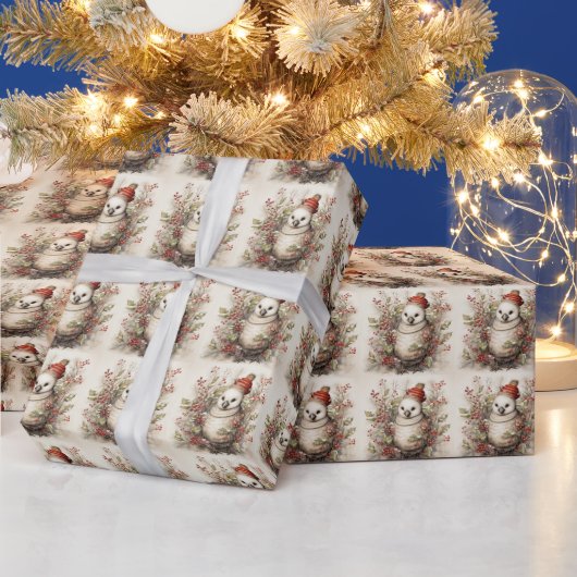 Niedlicher Vogel mit Red Hat in Holly Bush Geschenkpapier (Feiertage)