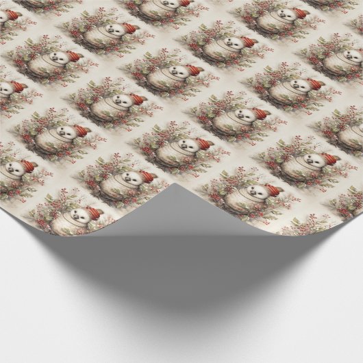 Niedlicher Vogel mit Red Hat in Holly Bush Geschenkpapier (Ecke)