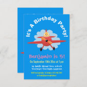 Niedlicher Vogel mit rotem Flugzeug Cartoon Abbild Einladung (Vorne/Hinten)