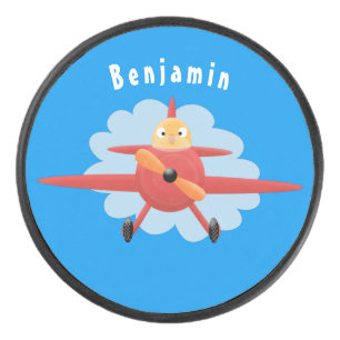 Niedlicher Vogel mit rotem Flugzeug Cartoon Abbild Eishockey Puck