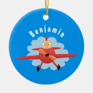 Niedlicher Vogel mit rotem Flugzeug Cartoon Abbild Keramik Ornament