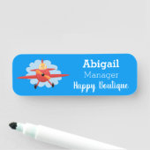 Niedlicher Vogel mit rotem Flugzeug Cartoon Abbild Namensschild (Beispiel)