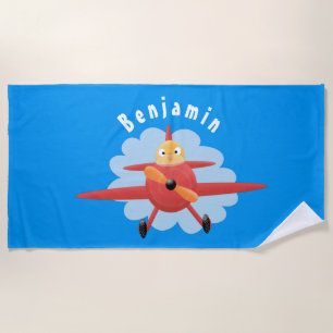 Niedlicher Vogel mit rotem Flugzeug Cartoon Abbild Strandtuch