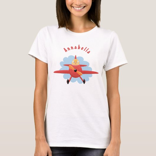 Niedlicher Vogel mit rotem Flugzeug Cartoon Abbild T-Shirt (Vorderseite)