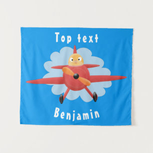Niedlicher Vogel mit rotem Flugzeug Cartoon Abbild Wandteppich