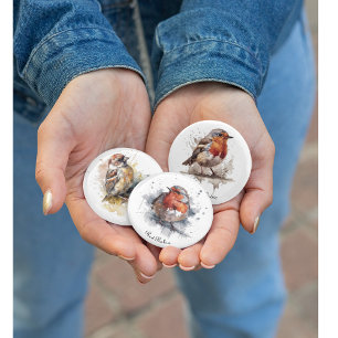 Niedlicher Vogelrobin in Aquarellfarben Button